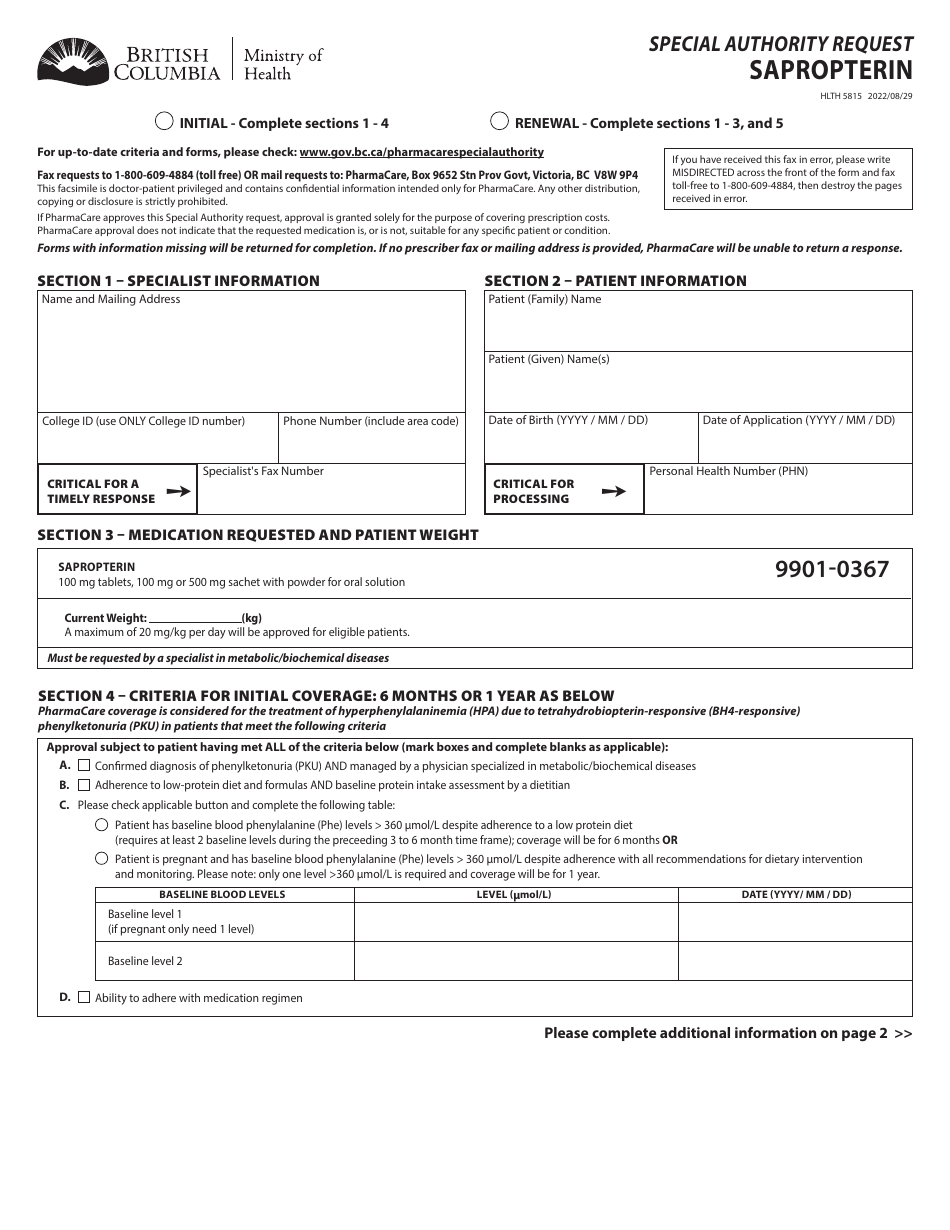 Form HLTH5815 Special Authority Request - Sapropterin - British Columbia, Canada, Page 1