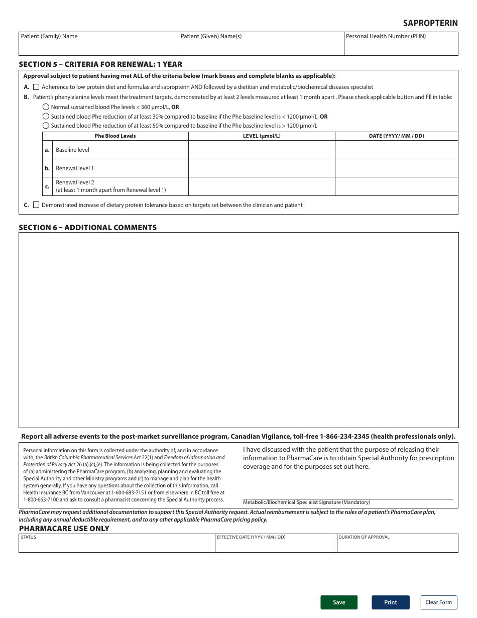 Form HLTH5815 Special Authority Request - Sapropterin - British Columbia, Canada, Page 2
