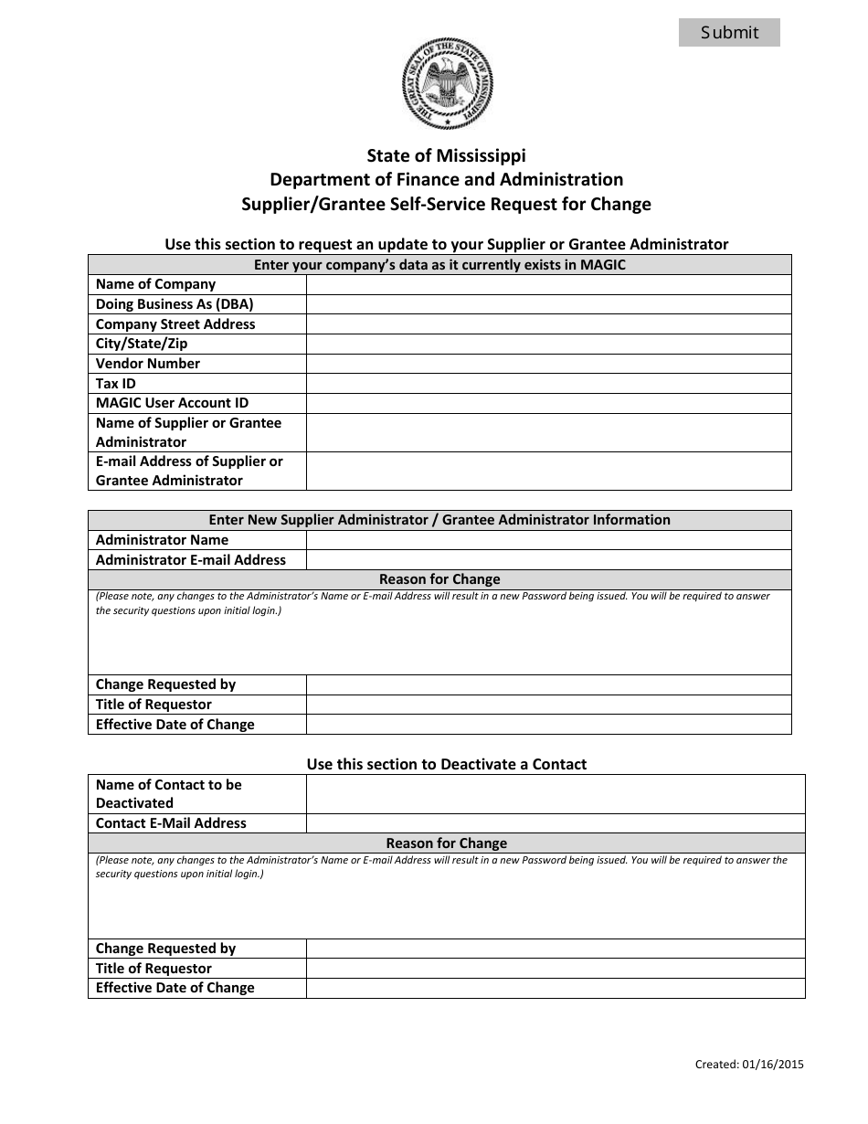 Supplier / Grantee Self-service Request for Change Form - Mississippi, Page 1