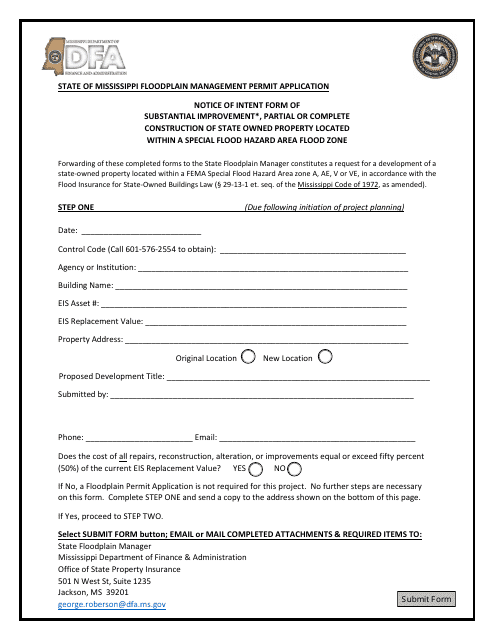 Notice of Intent Form of Substantial Improvement, Partial or Complete Construction of State Owned Property Located Within a Special Flood Hazard Area Flood Zone - Mississippi