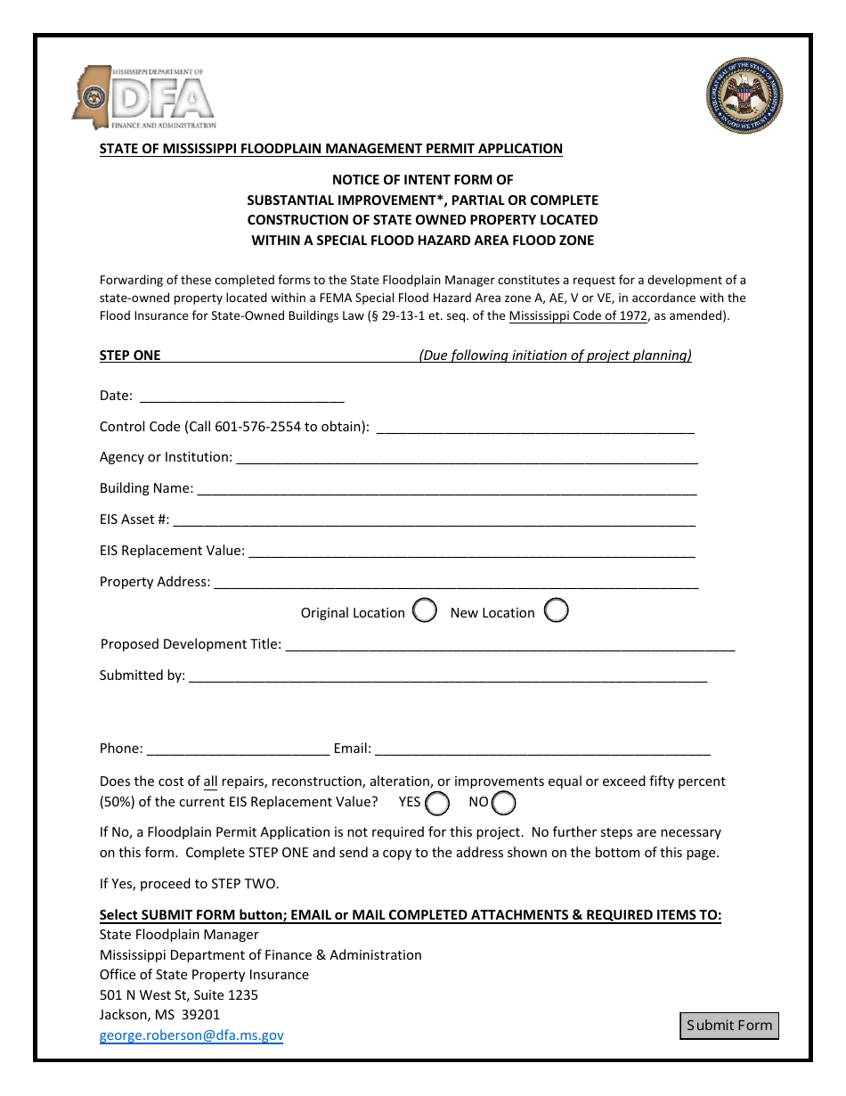 Mississippi Notice of Intent Form of Substantial Improvement, Partial