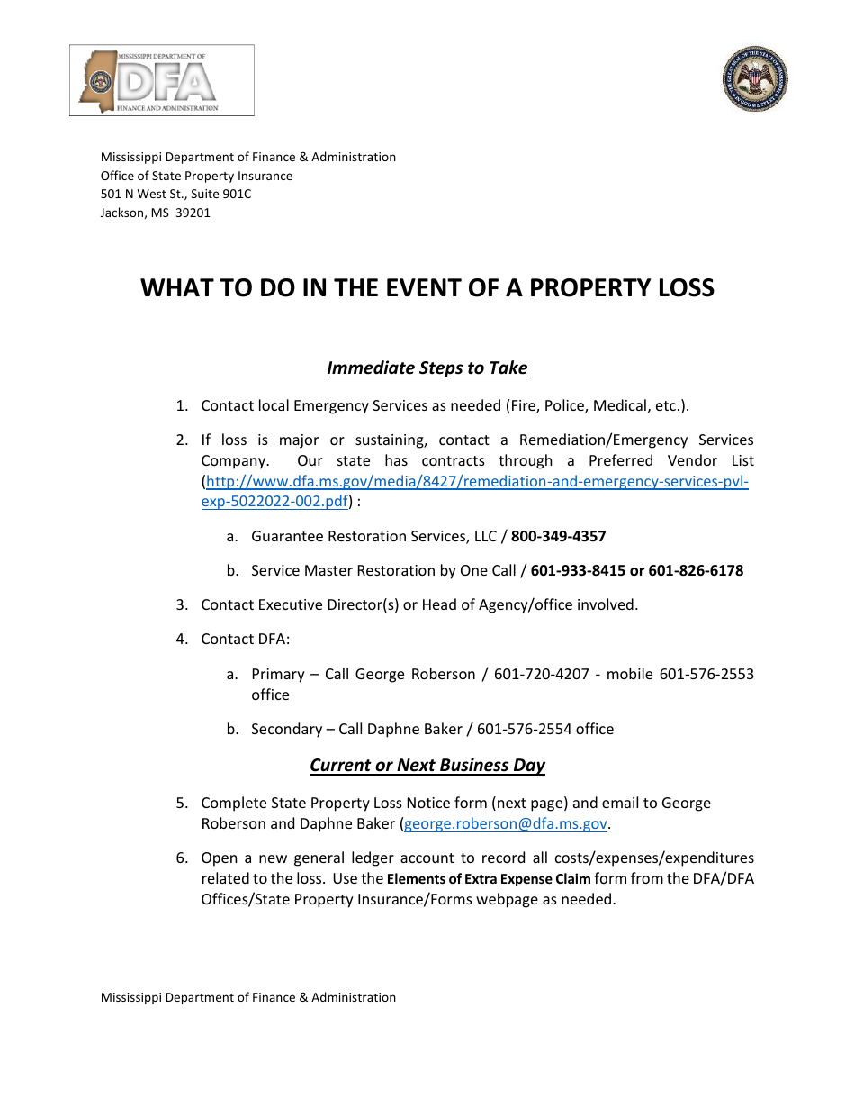 State Property Loss Notice - Mississippi, Page 1