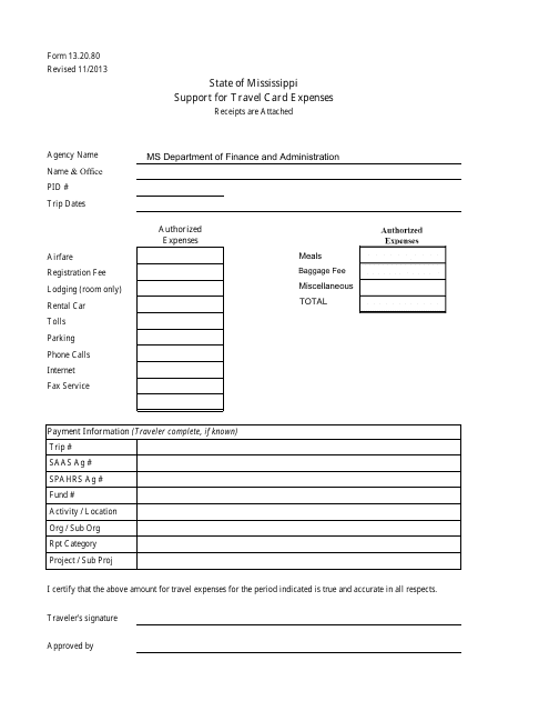 Form 13.20.80 Support for Travel Card Expenses - Mississippi