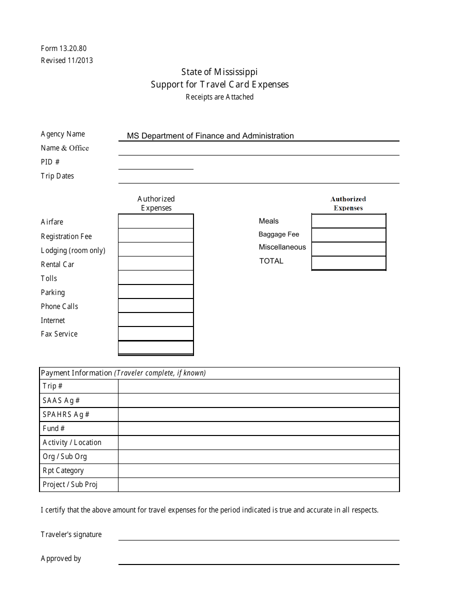 Form 13.20.80 Support for Travel Card Expenses - Mississippi, Page 1
