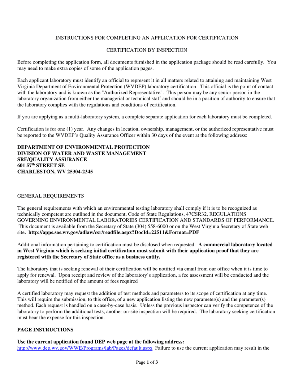 Instructions for Application for Certification of Environmental Testing Laboratory by Inspection - West Virginia, Page 1