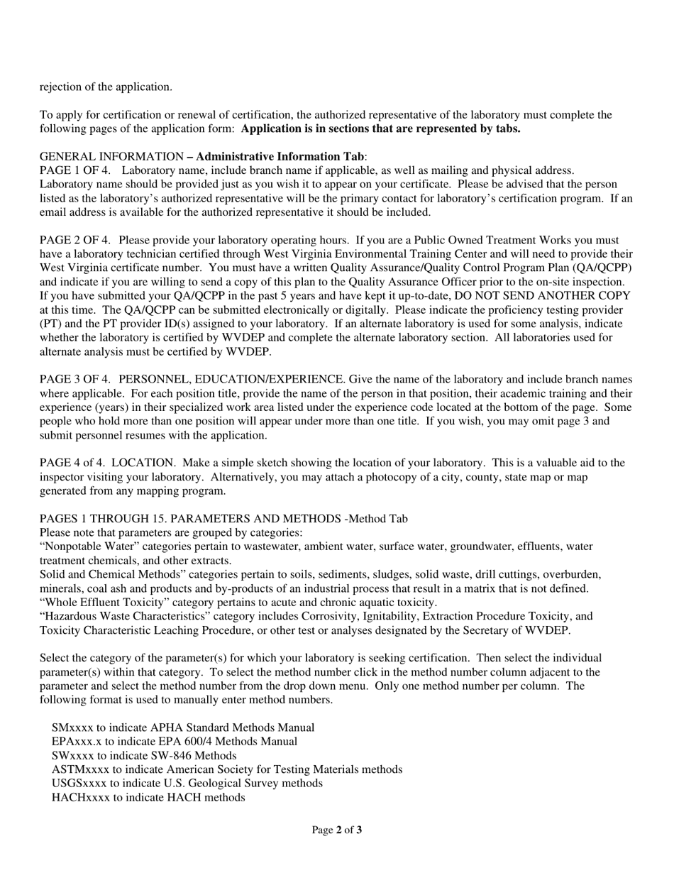 Instructions for Application for Certification of Environmental Testing Laboratory by Inspection - West Virginia, Page 2