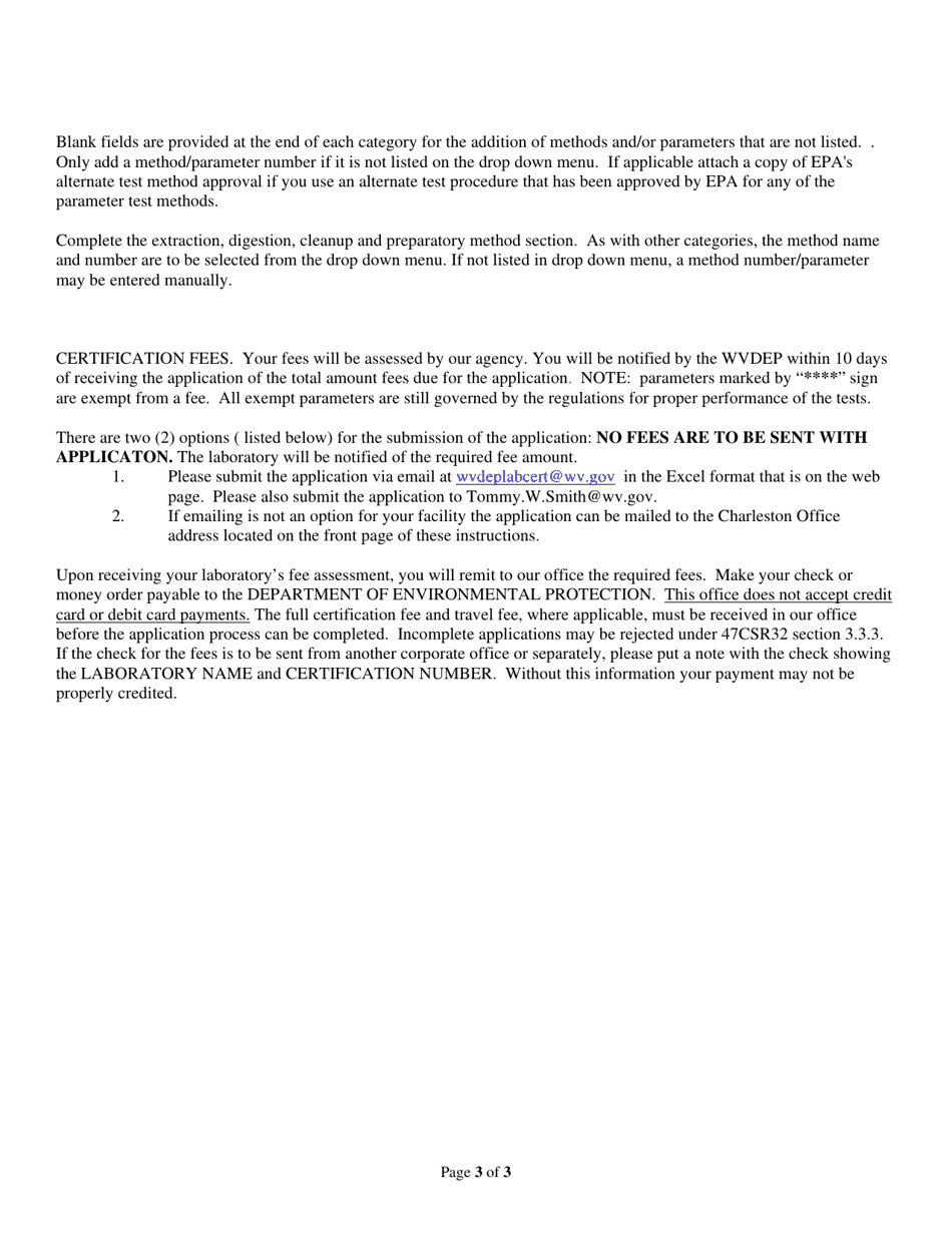 Instructions for Application for Certification of Environmental Testing Laboratory by Inspection - West Virginia, Page 3