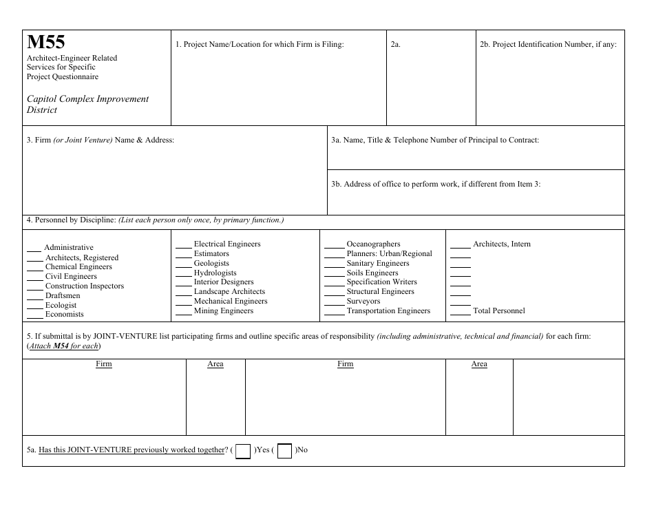 Form M55 Architect-Engineer Related Services for Specific Project Questionnaire - Mississippi, Page 1