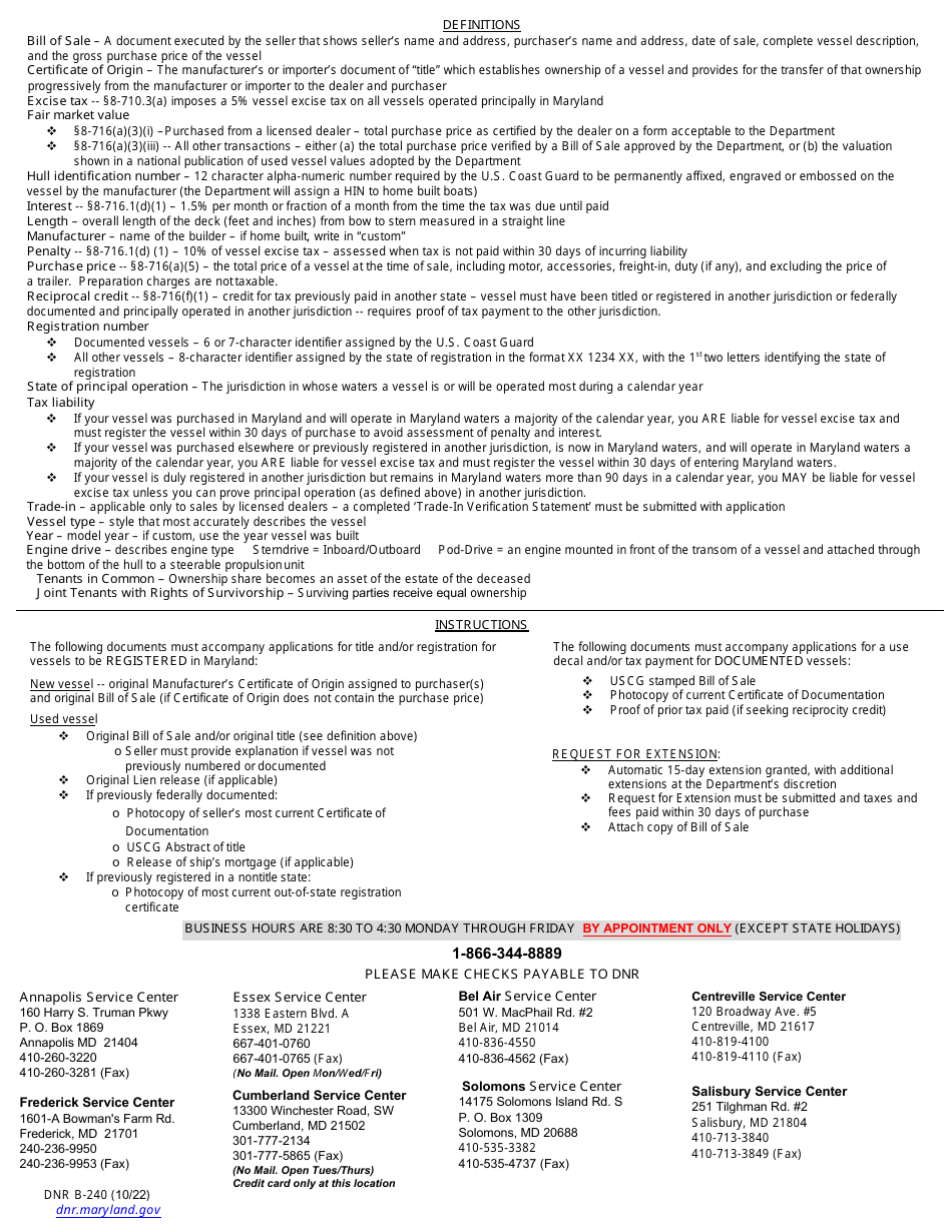 DNR Form B-240 Boat Registration Form - Maryland, Page 2