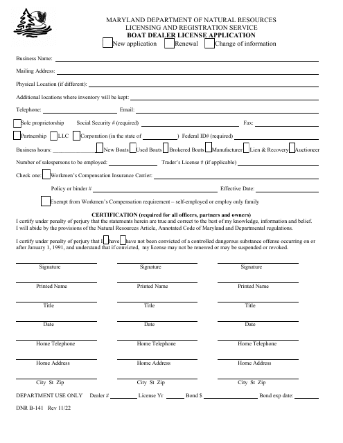 DNR Form B-141 Boat Dealer License Application - Maryland