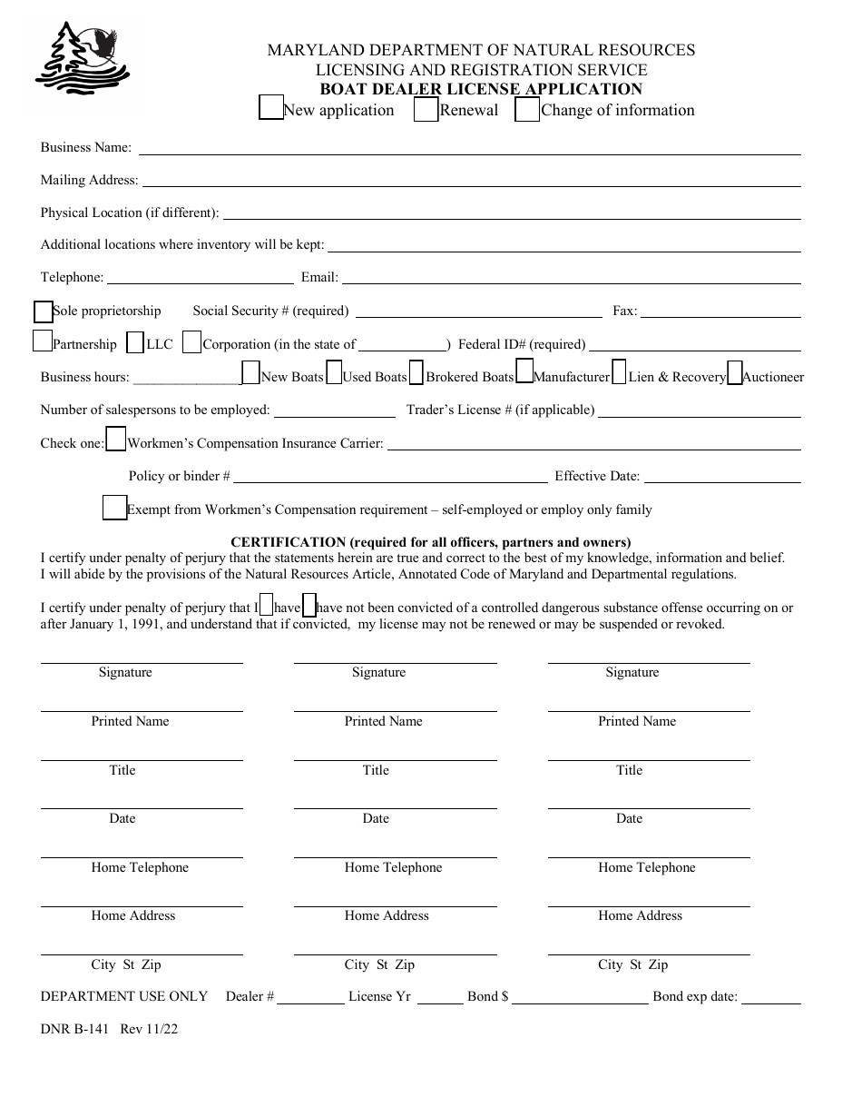 DNR Form B-141 Boat Dealer License Application - Maryland, Page 1
