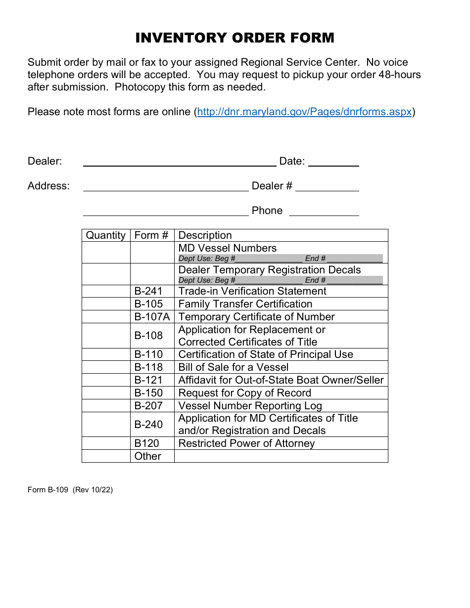 DNR Form B-109 Inventory Order Form - Maryland, Page 1
