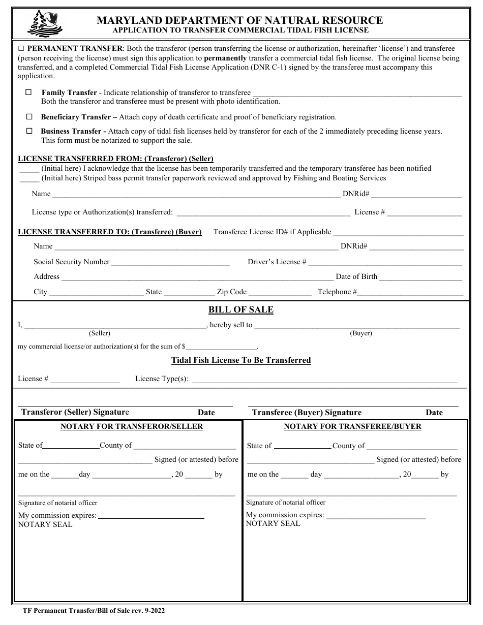 Maryland Application to Transfer Commercial Tidal Fish License Fill