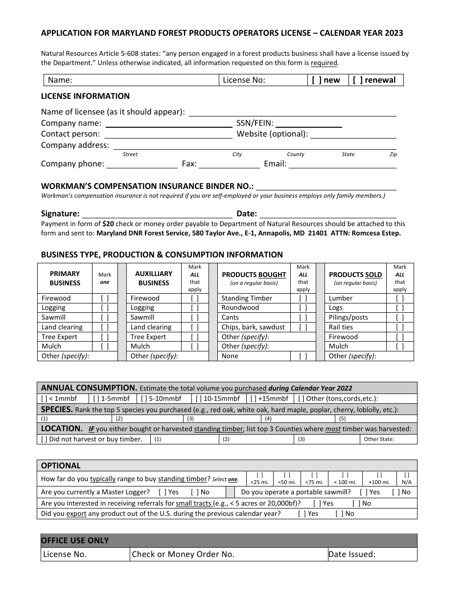 Application for Maryland Forest Products Operators License - Maryland, Page 1