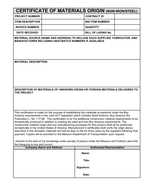 Certificate of Materials Origin (Non-iron / Steel) - Missouri Download Pdf