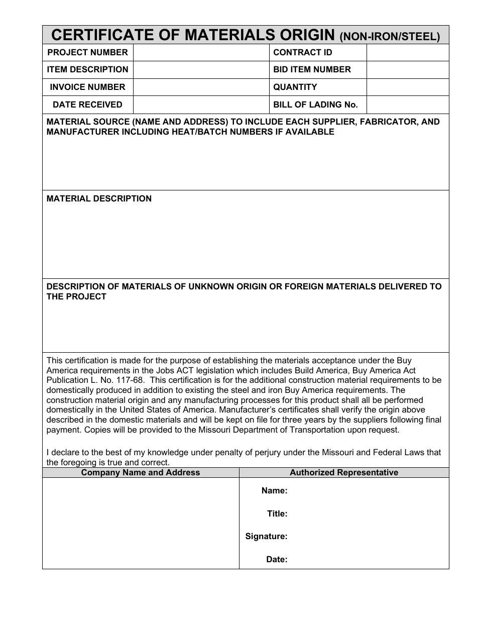 Missouri Certificate of Materials Origin (Noniron/Steel) Fill Out