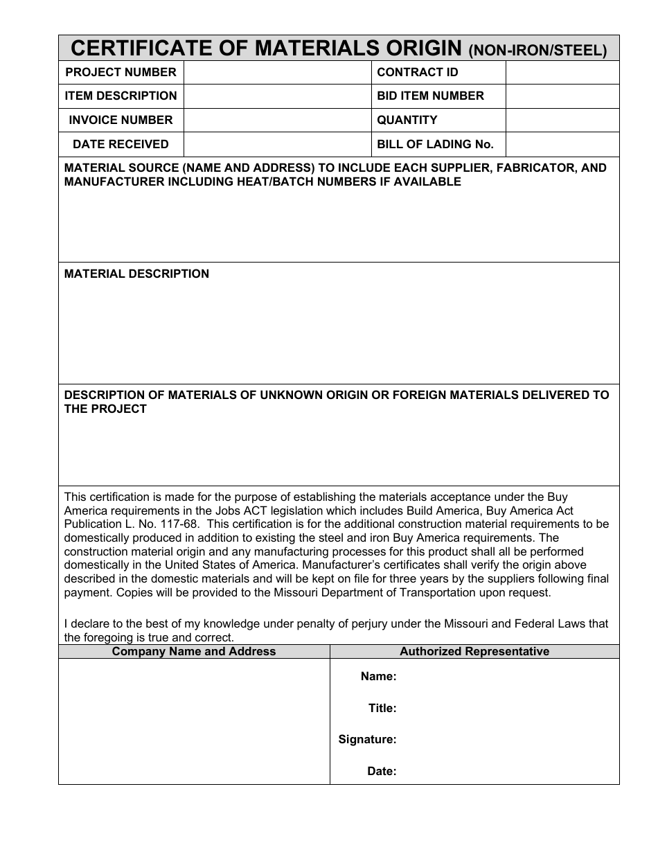 Certificate of Materials Origin (Non-iron / Steel) - Missouri, Page 1