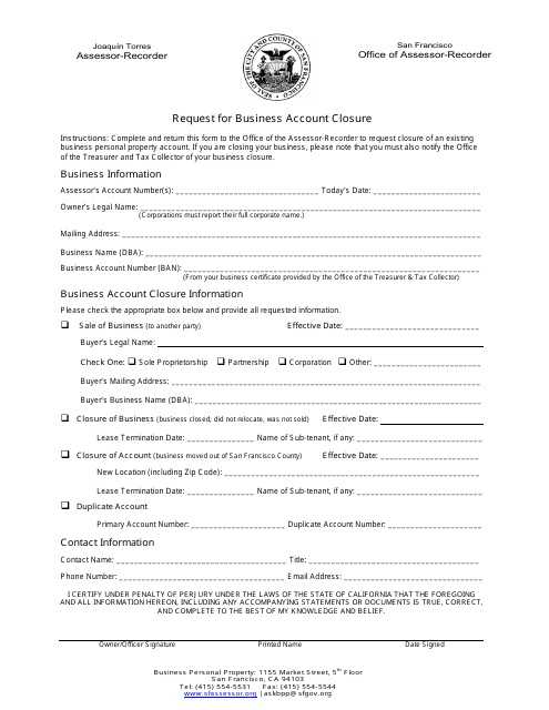 Request for Business Account Closure - City and County of San Francisco, California Download Pdf