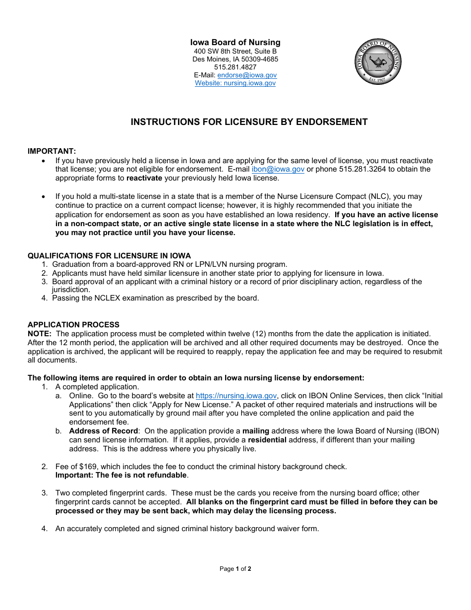 Iowa Instructions for Licensure by Endorsement Fill Out, Sign Online