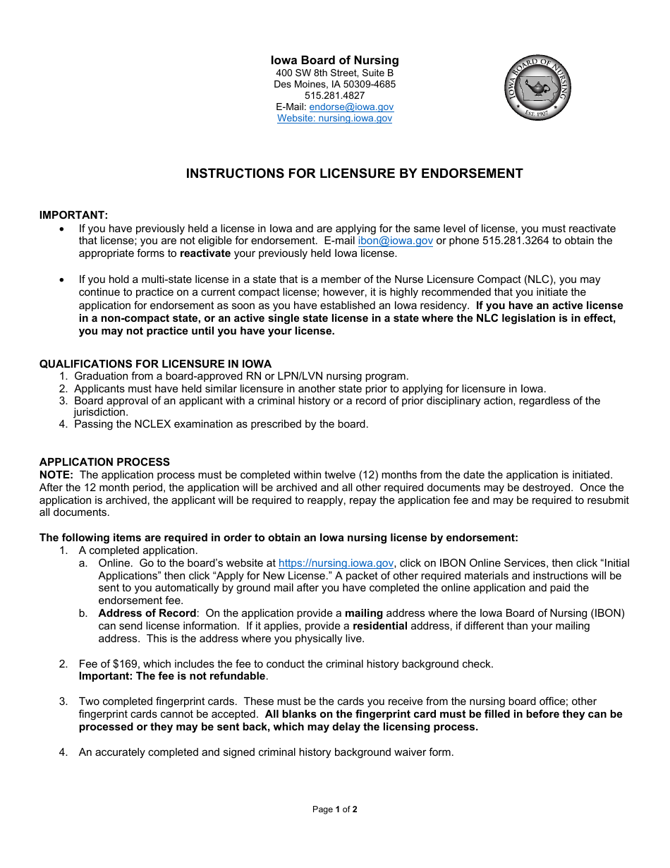 Instructions for Licensure by Endorsement - Iowa, Page 1