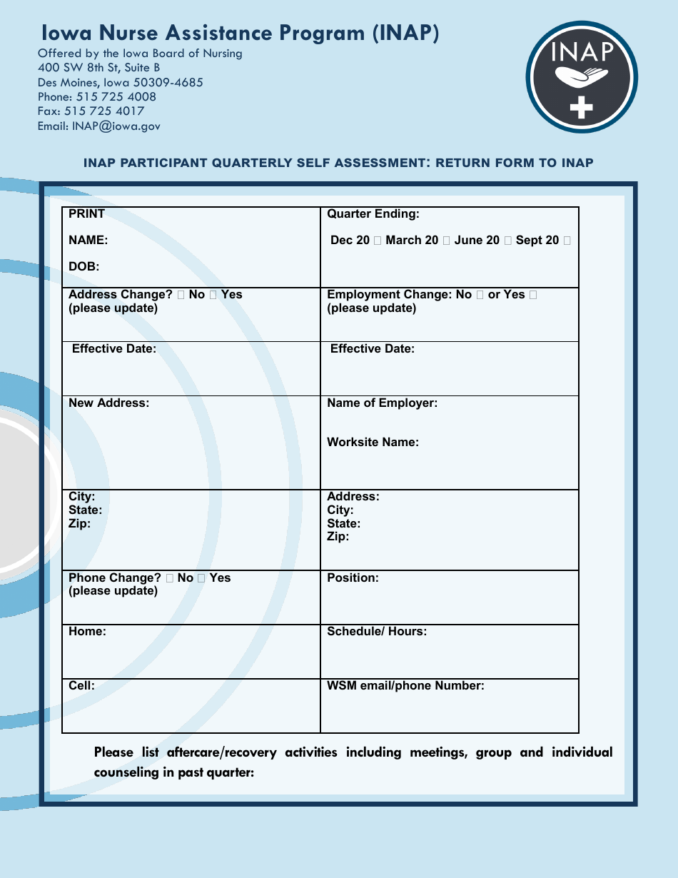 Inap Participant Quarterly Self-assessment Form - Iowa, Page 1