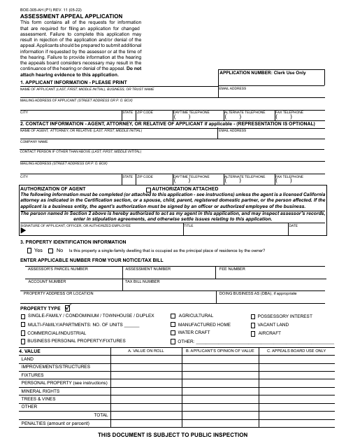 Form BOE-305-AH Assessment Appeal Application - California