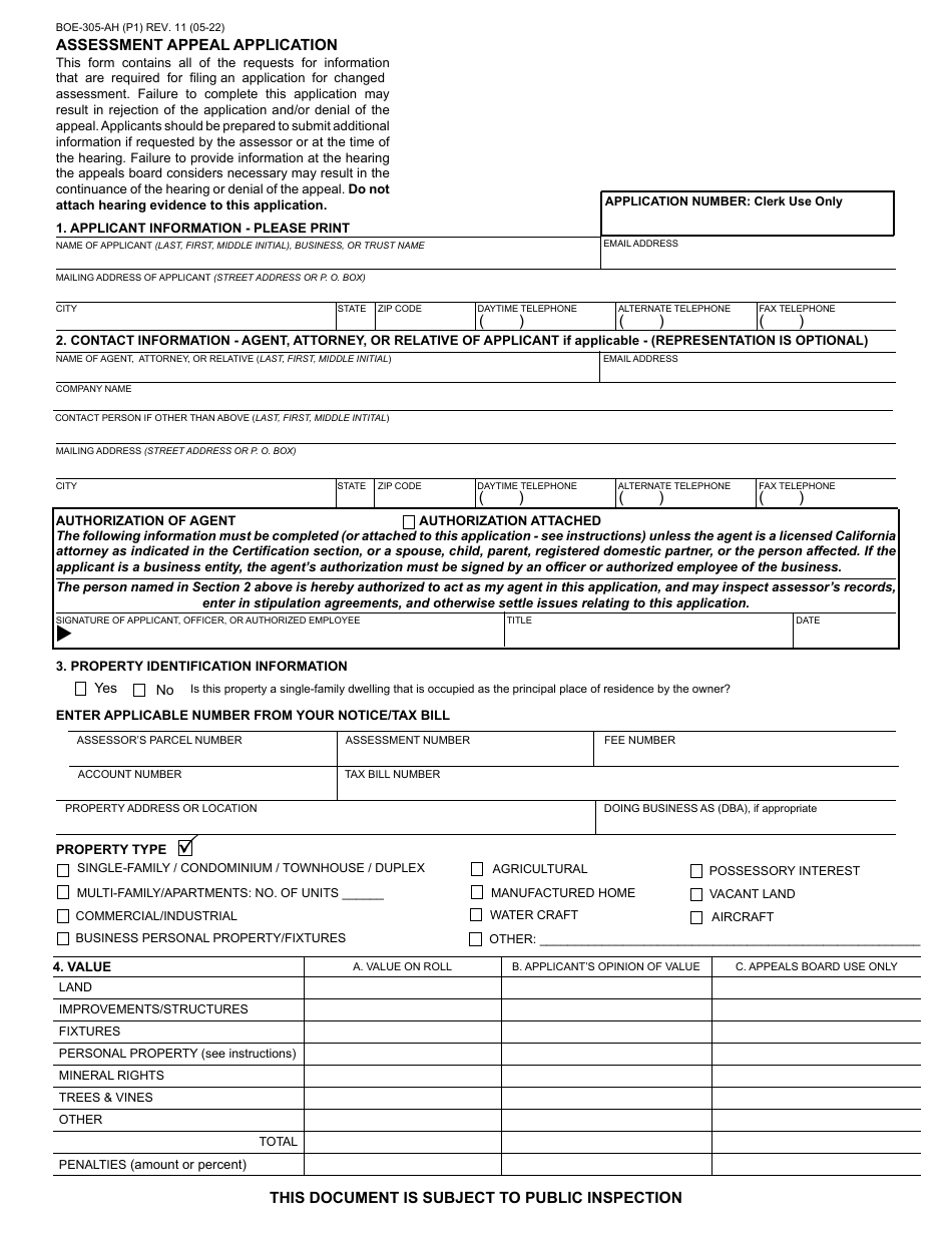 Form BOE-305-AH Assessment Appeal Application - California, Page 1
