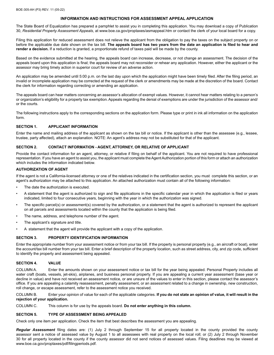 Form BOE-305-AH Assessment Appeal Application - California, Page 3