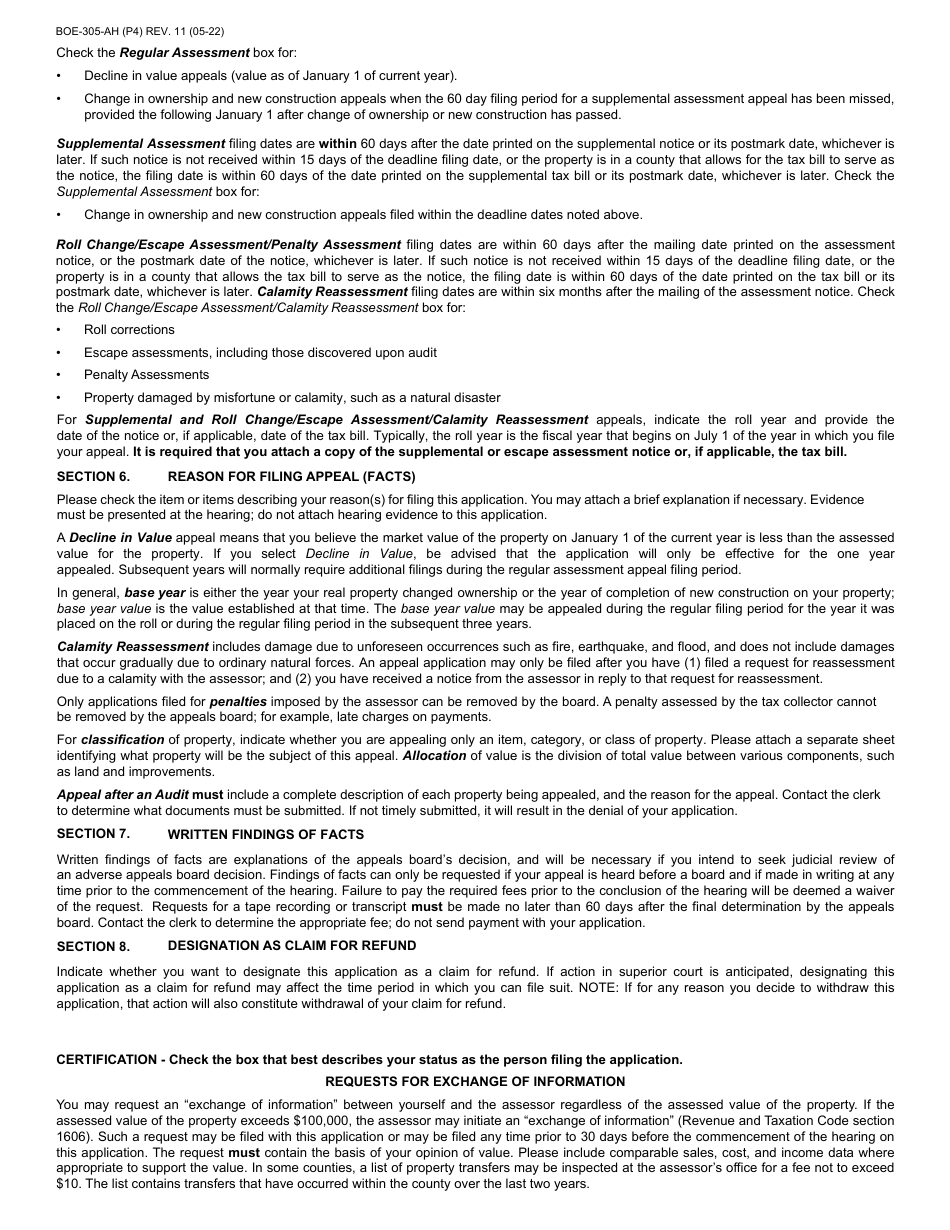 Form BOE-305-AH Assessment Appeal Application - California, Page 4