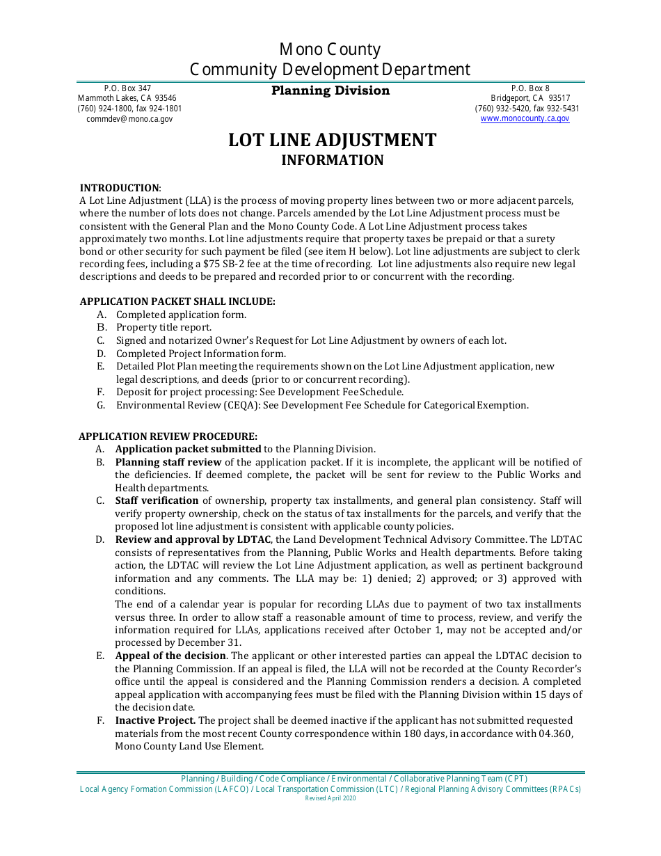 Lot Line Adjustment Application - Mono County, California, Page 1
