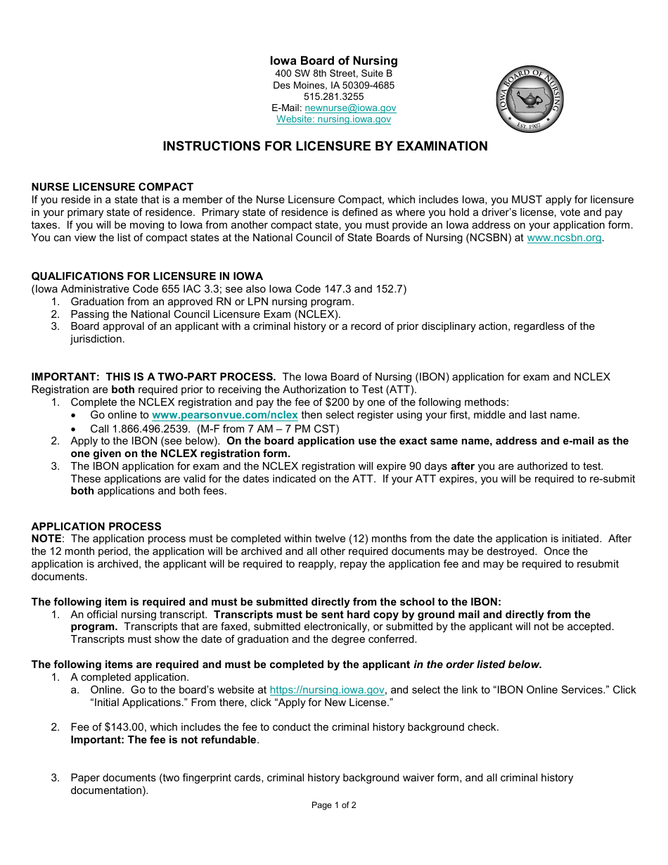 Instructions for Licensure by Examination - Iowa, Page 1