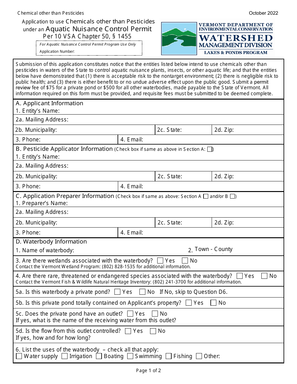 Application to Use Chemicals Other Than Pesticides Under an Aquatic Nuisance Control Permit - Vermont, Page 1