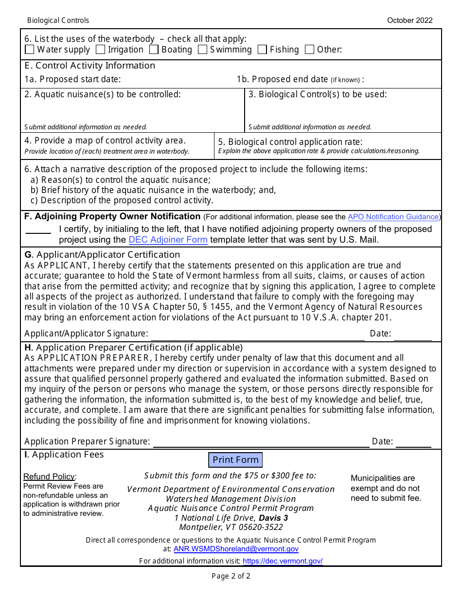 Application to Use Biological Controls Under an Aquatic Nuisance Control Permit - Vermont, Page 2