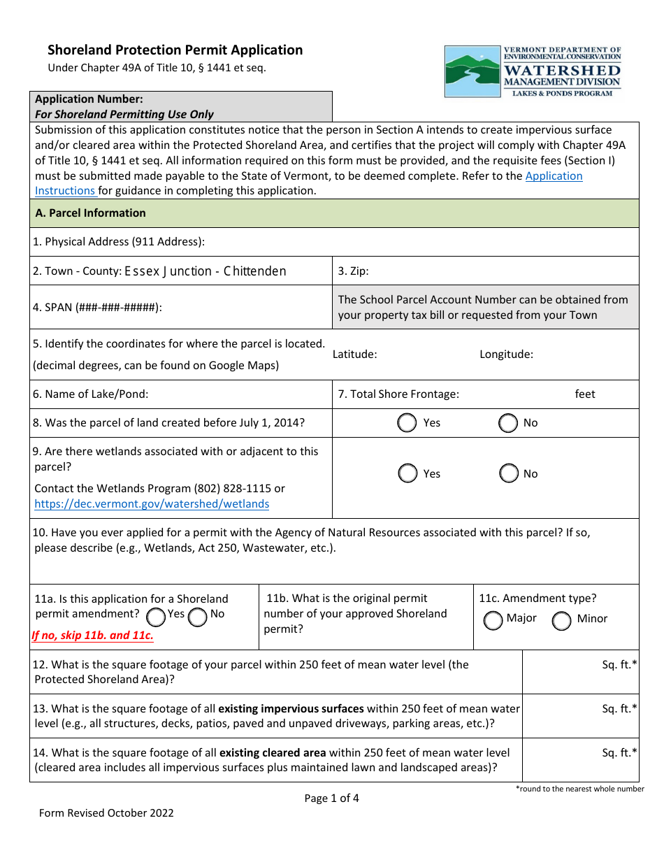 Shoreland Protection Permit Application - Vermont, Page 1