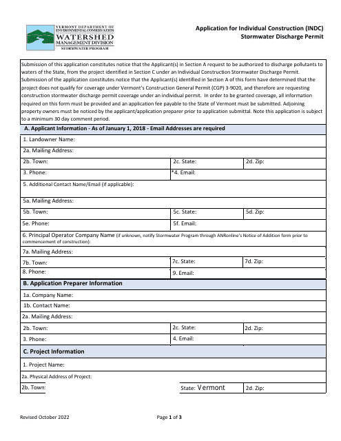 Application for Individual Construction (Indc) Stormwater Discharge Permit - Vermont Download Pdf