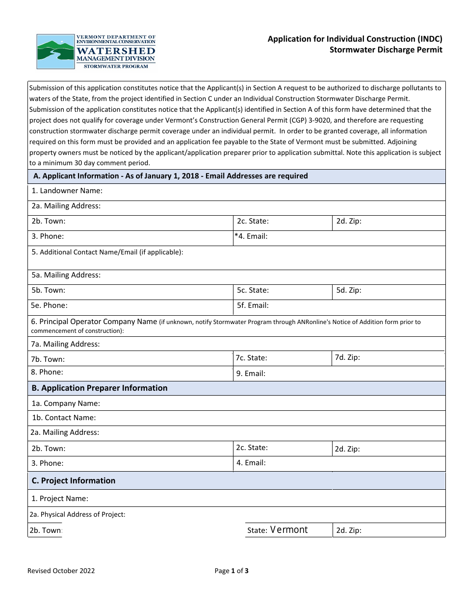Application for Individual Construction (Indc) Stormwater Discharge Permit - Vermont, Page 1
