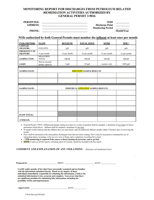 Form WR-43-9016 Monitoring Report for Discharges From Petroleum Related Remediation Activities - Vermont