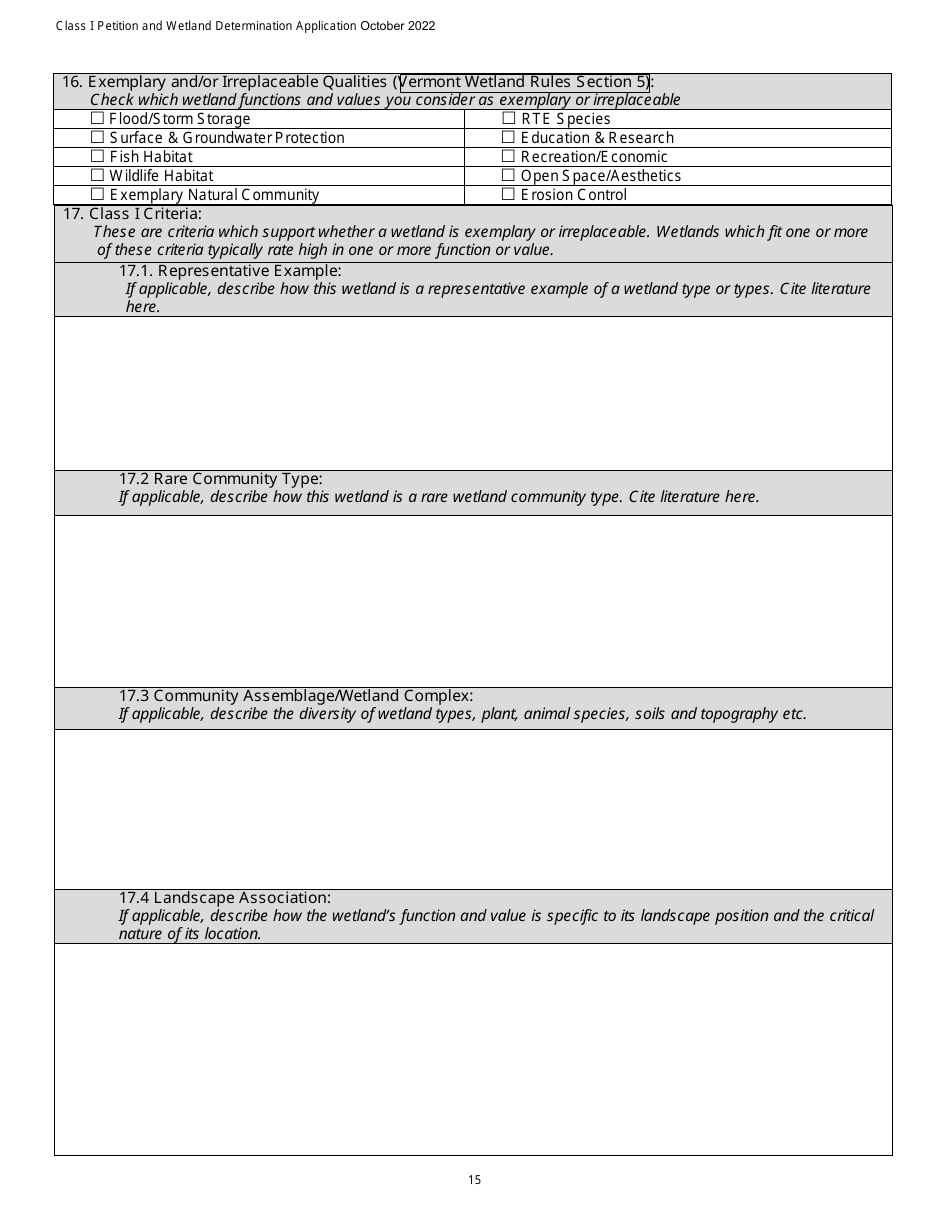 Determination and Class I Rulemaking Petition Database Form - Vermont Wetlands Program - Vermont, Page 15