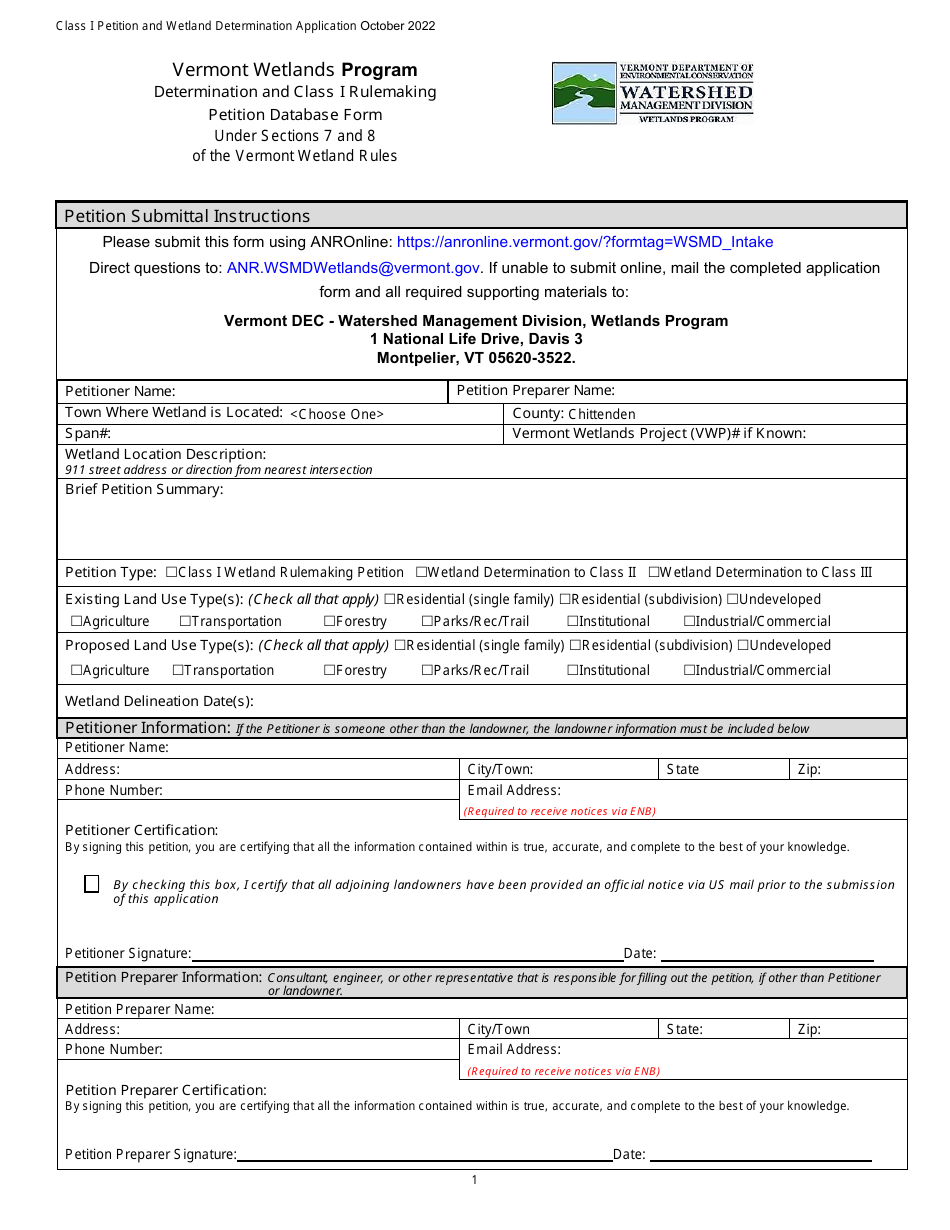 Determination and Class I Rulemaking Petition Database Form - Vermont Wetlands Program - Vermont, Page 1