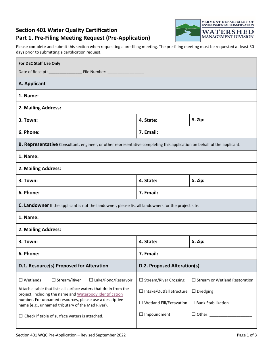 Part 1 Section 401 Water Quality Certification Pre-application Form - Vermont, Page 1
