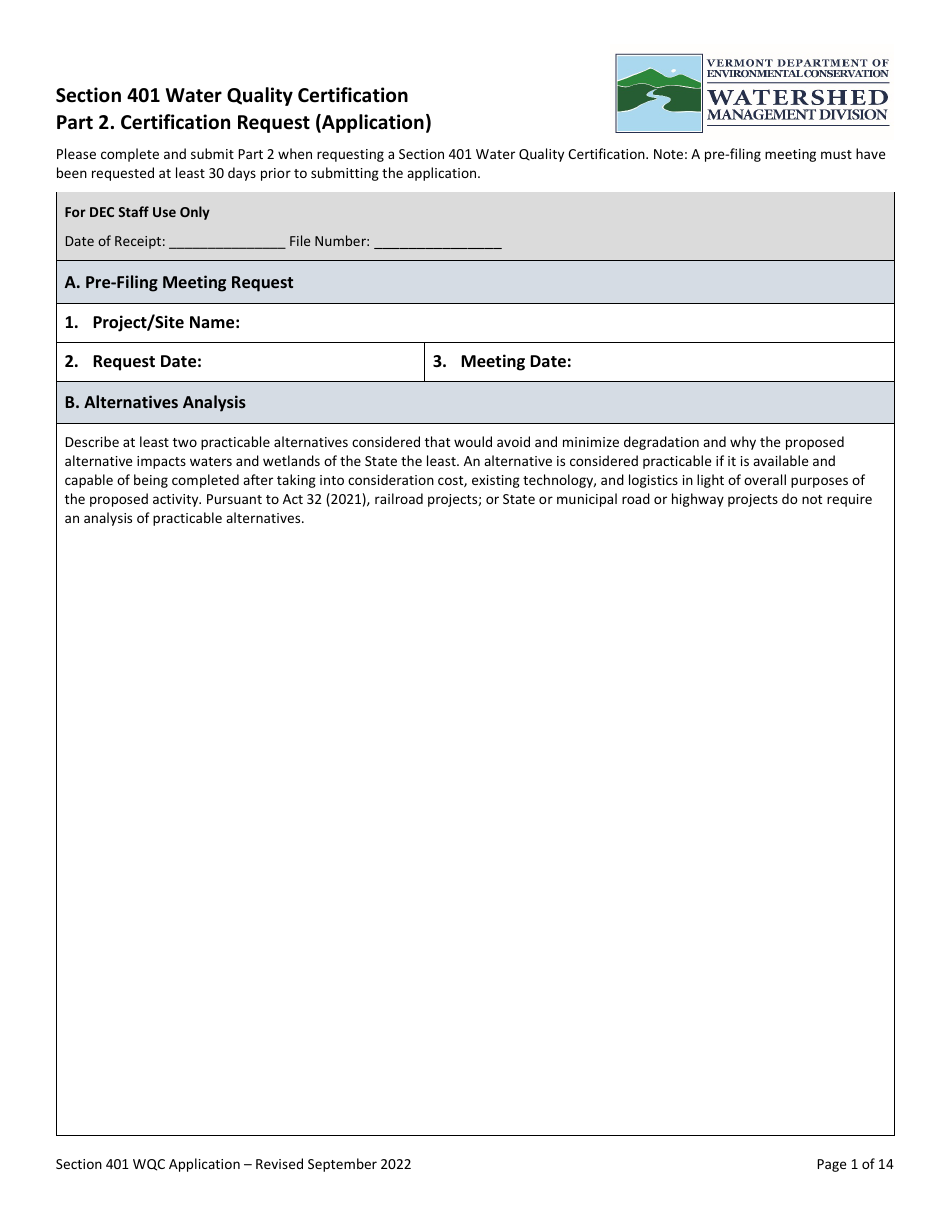 Part 2 Section 401 Water Quality Certification Application Form - Vermont, Page 1
