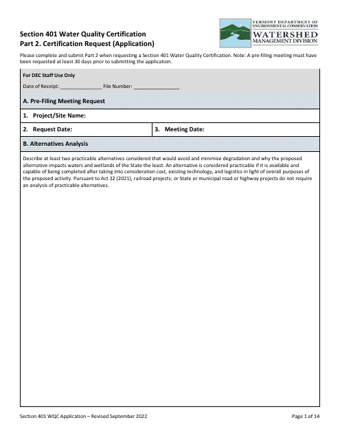Part 2 Section 401 Water Quality Certification Application Form - Vermont