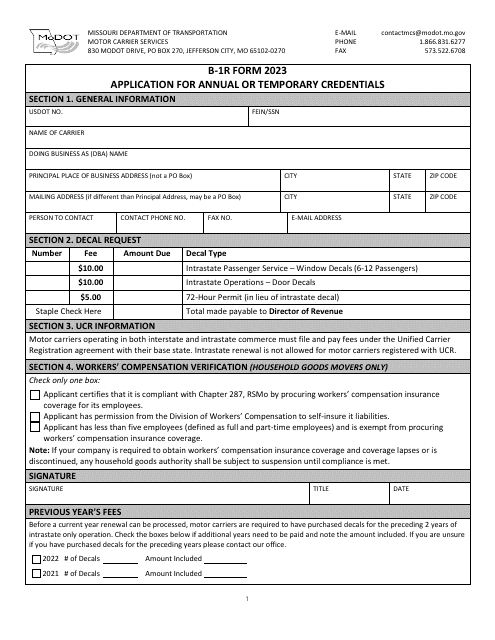 Form B-1R Application for Annual or Temporary Credentials - Missouri, 2023