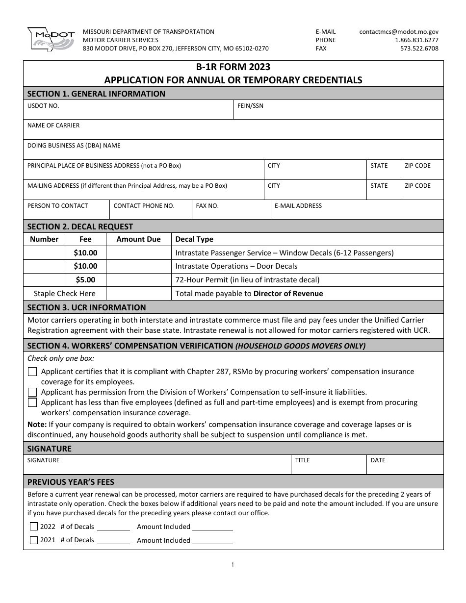 Form B-1R Download Printable PDF Or Fill Online Application For Annual ...