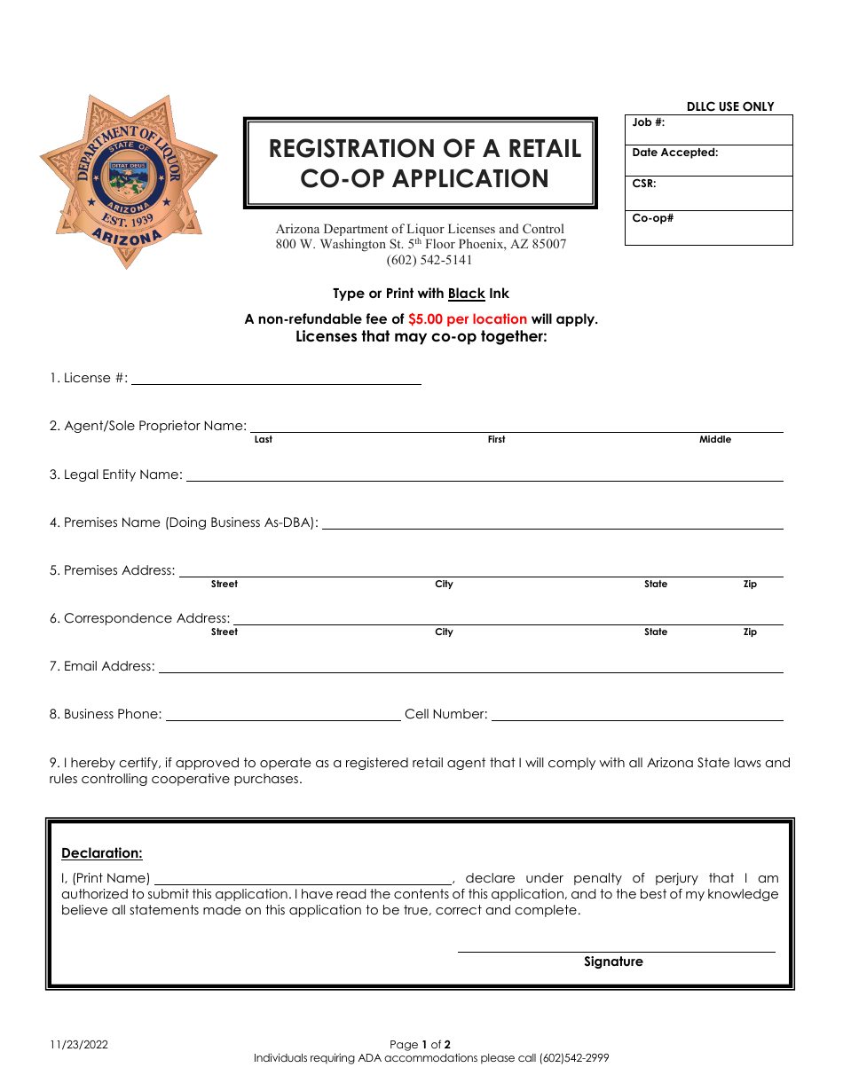 Registration of a Retail Co-op Application - Arizona, Page 1