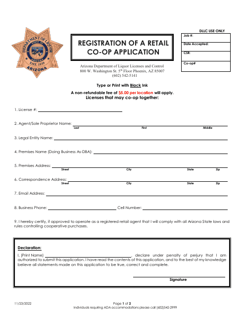 Registration of a Retail Co-op Application - Arizona