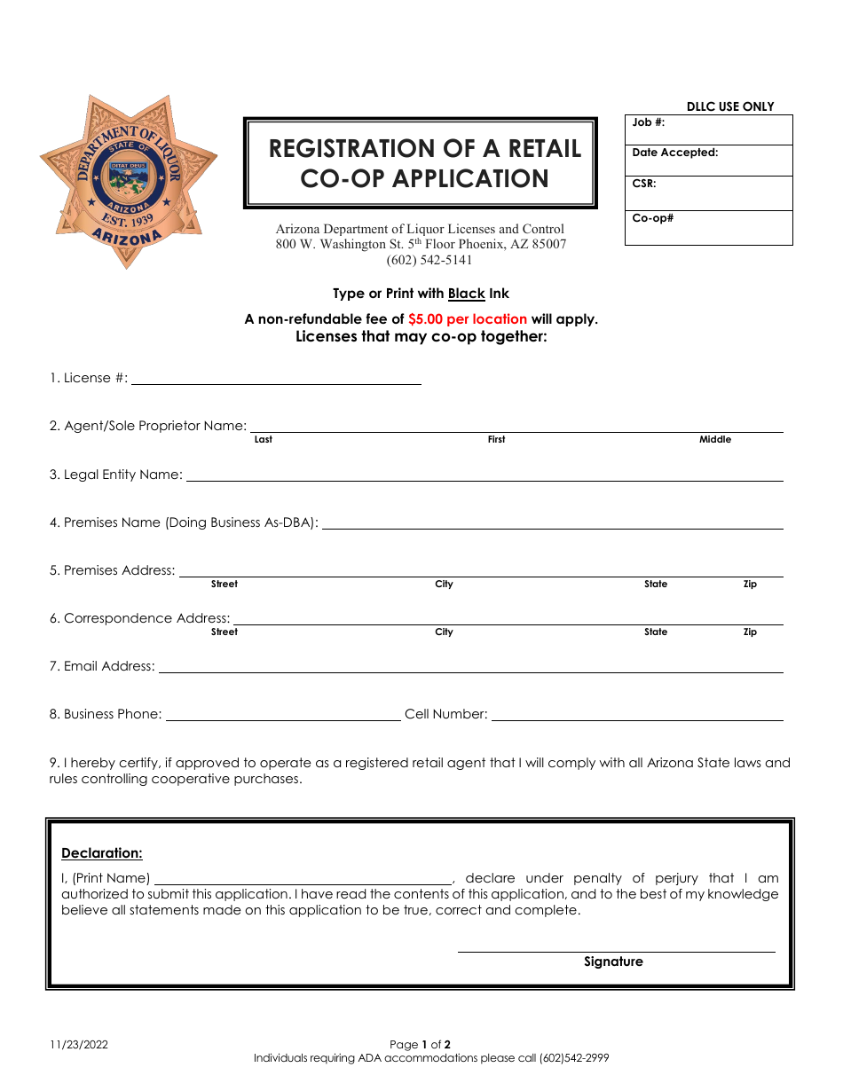 Arizona Registration of a Retail Coop Application Fill Out, Sign Online and Download PDF