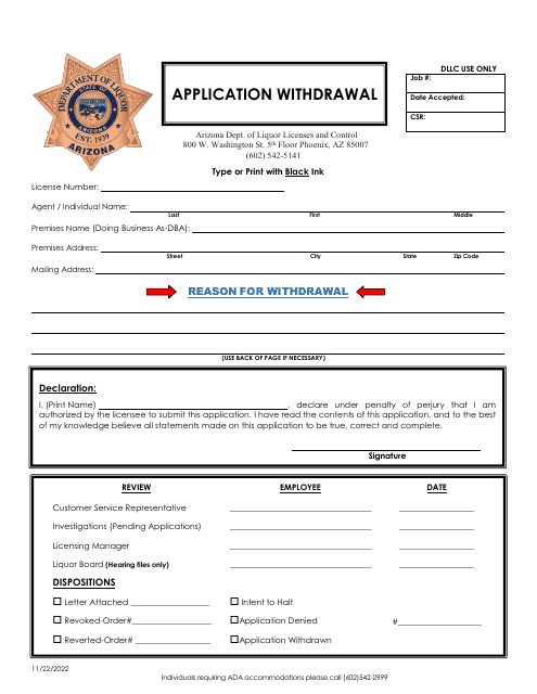 Application Withdrawal - Arizona