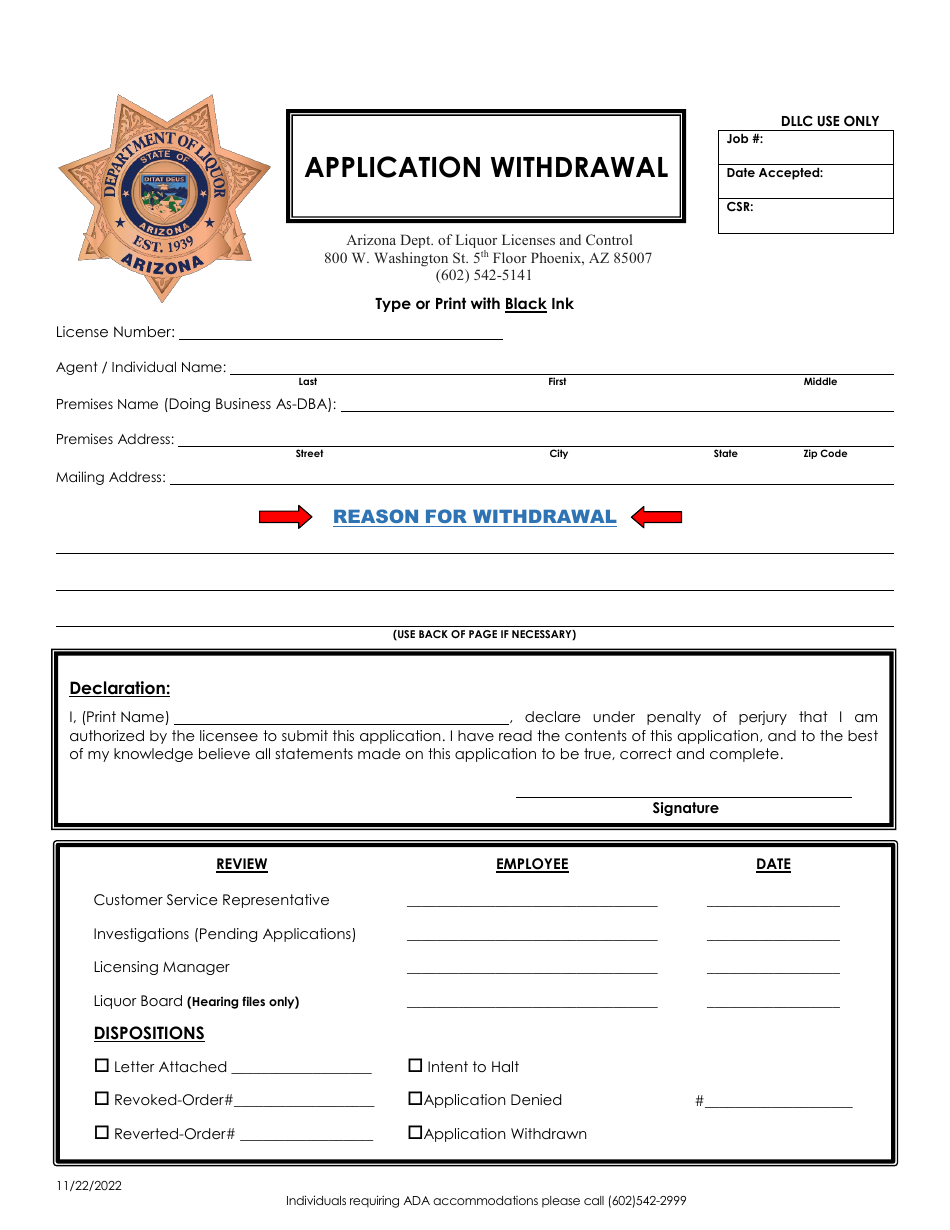 Application Withdrawal - Arizona, Page 1