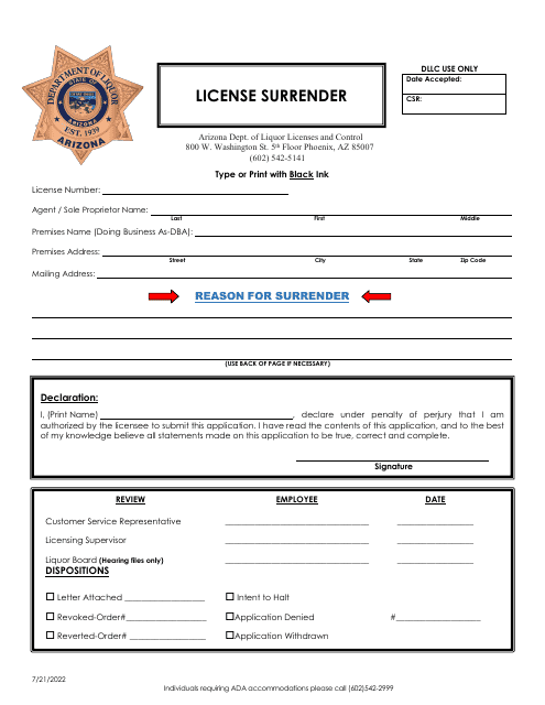 License Surrender - Arizona Download Pdf